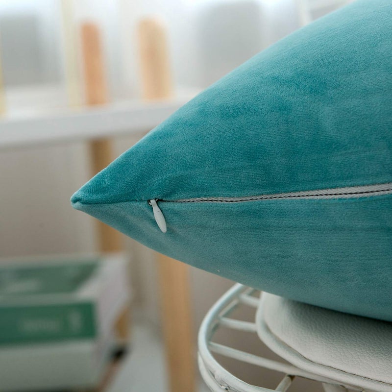 RainRoad Velvet Decorative Throw Pillow Covers Cushion Cover Pillow Case for Sofa Couch Bed Chair,Soft Square Light Teal Throw Pillows 18x18 Inch,Set of 2 - Image 3
